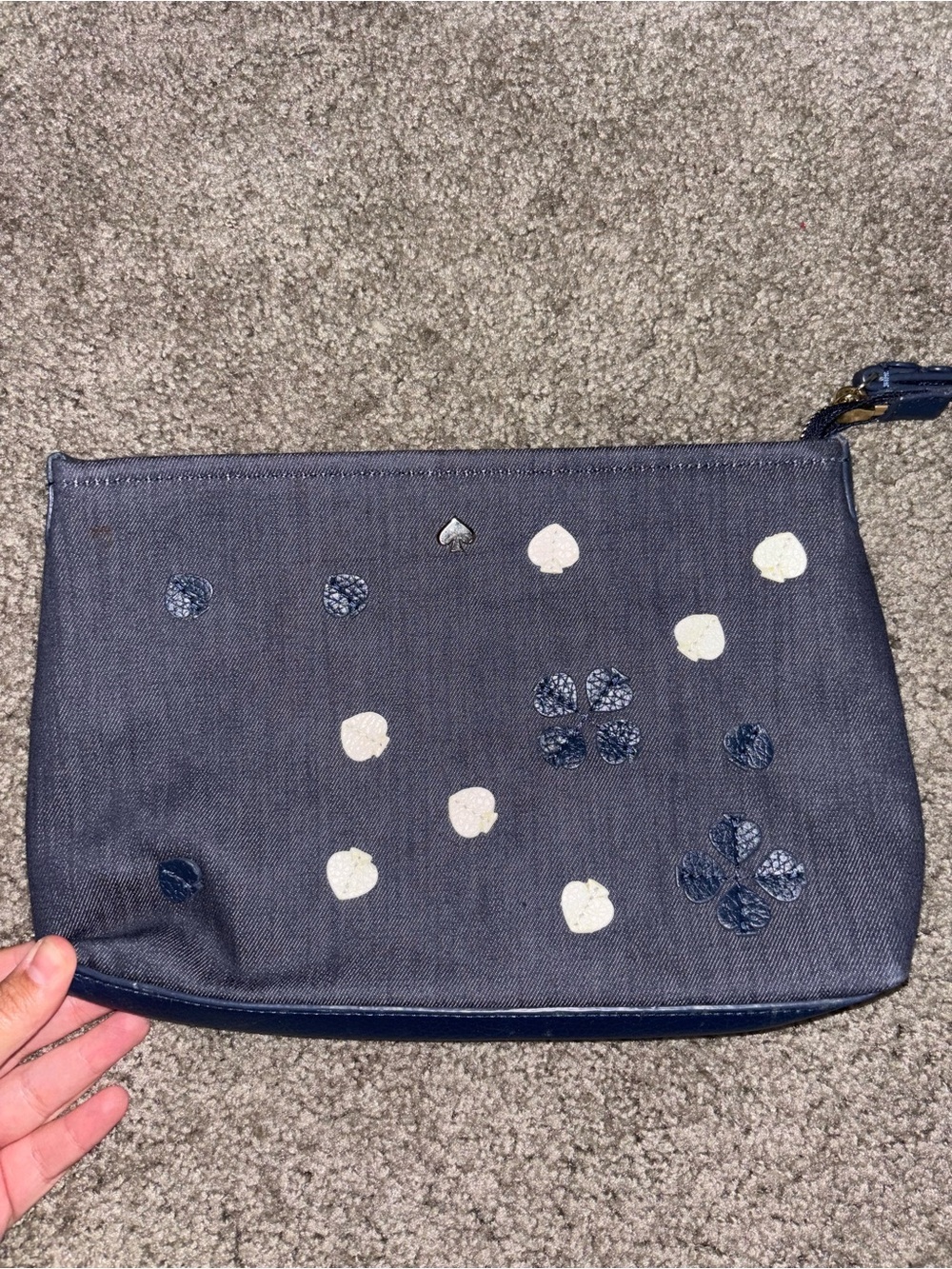 Kate Spade Denim Large Navy Floral Dot Wristlet Clutch